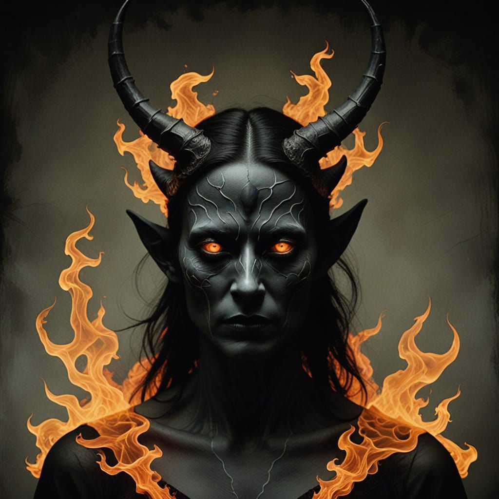 Ethereal Horned Entity in Fiery Gaze