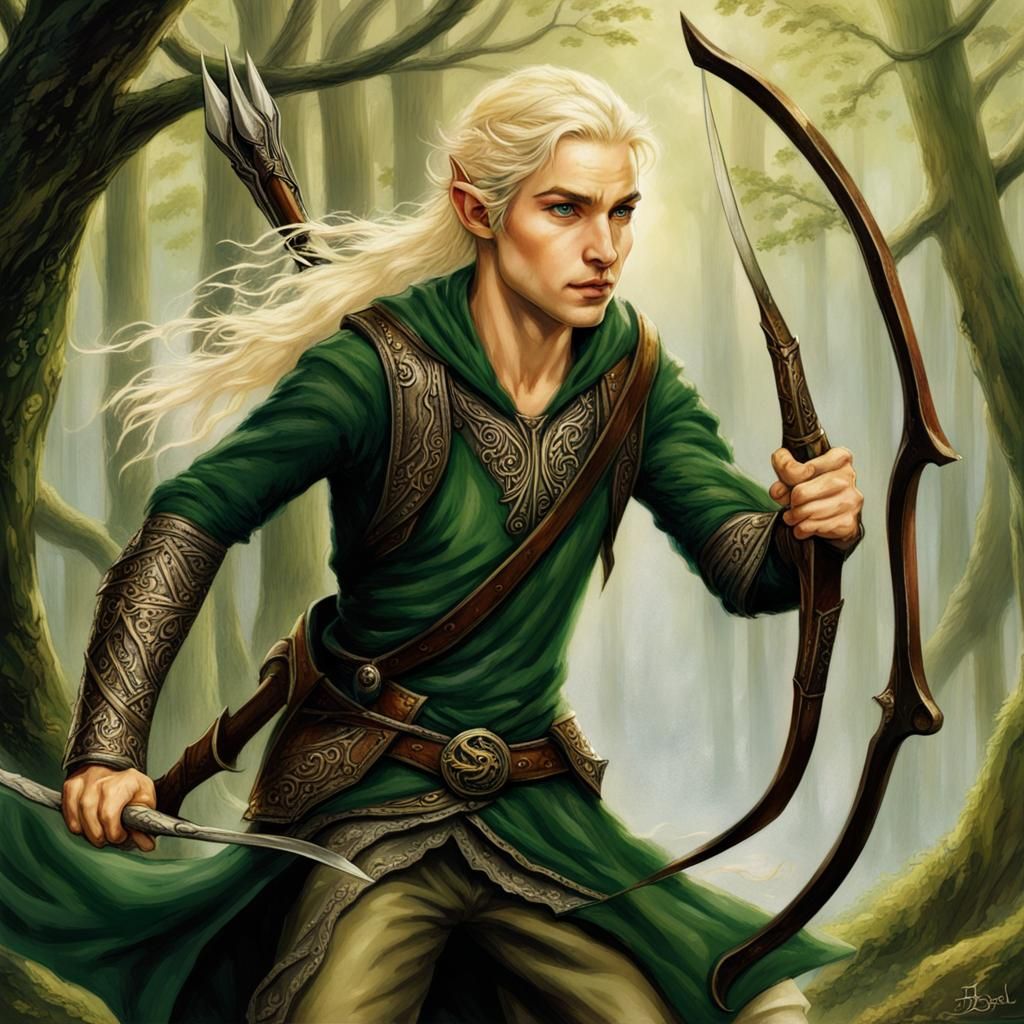 Elvish Ranger Running with Bow in Tolkien Style