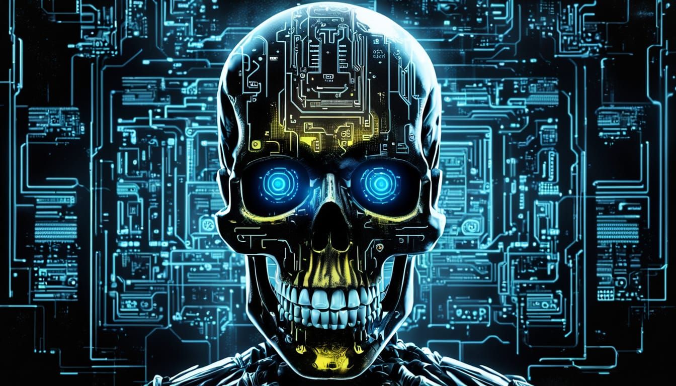 Cybernetic Skull with Neon Blue Circuits in Neon Noir