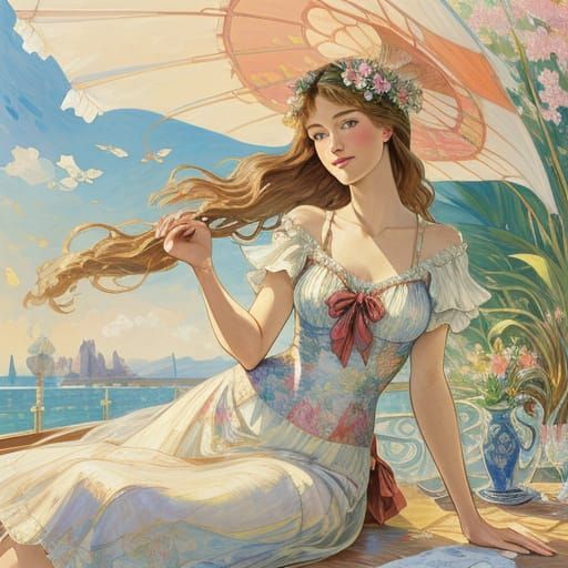 Fox Lounging on Sailboat in Art Nouveau Style