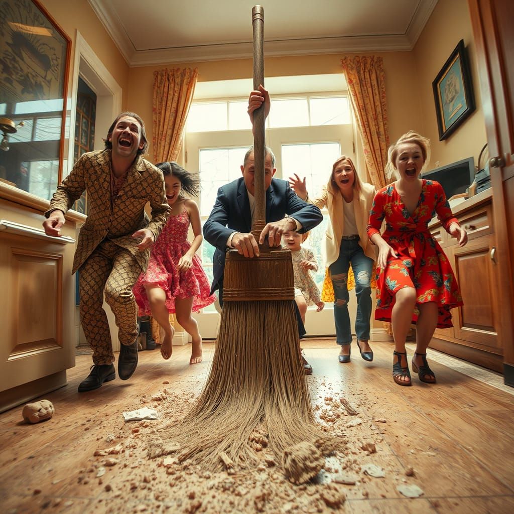 Cursed Broom Sweeping Chaos: A Hyperrealistic Cinematic Scen...
