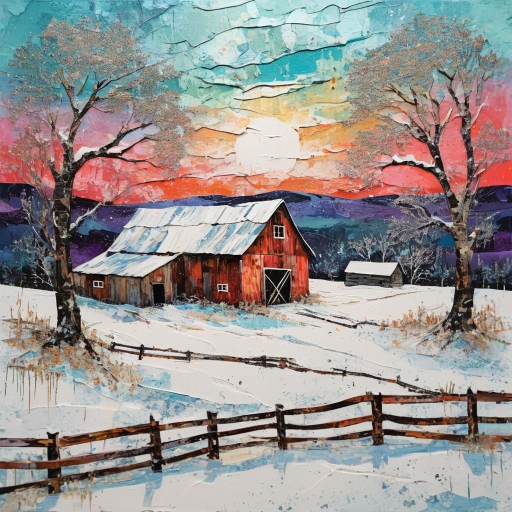 Masterpiece Snowy Landscape with Rustic Barn