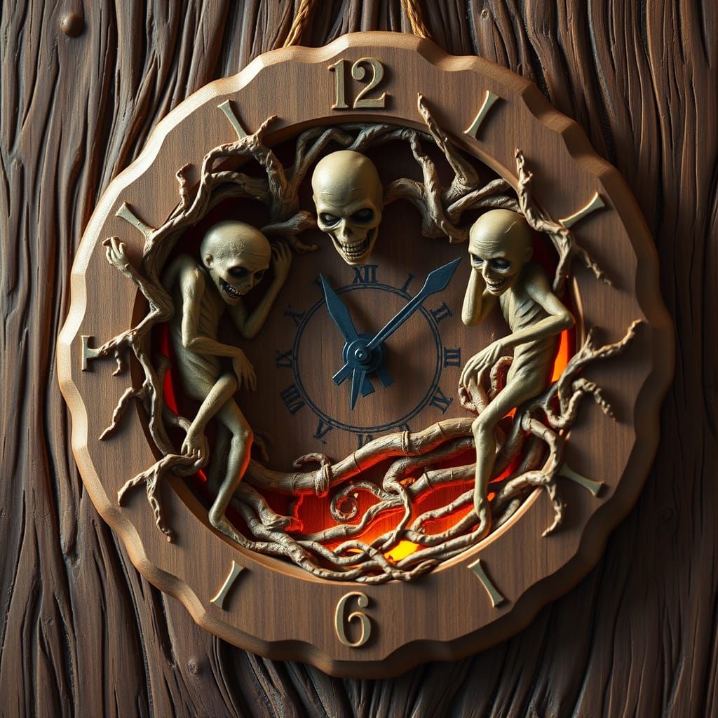 Intricately Carved Wooden Zombie Clock in Hyperrealism
