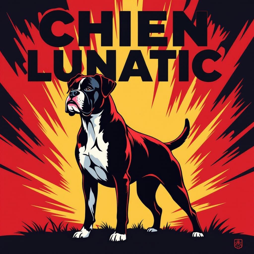 Bold Boxer Dog Silhouette with "Chien Lunatic" Text