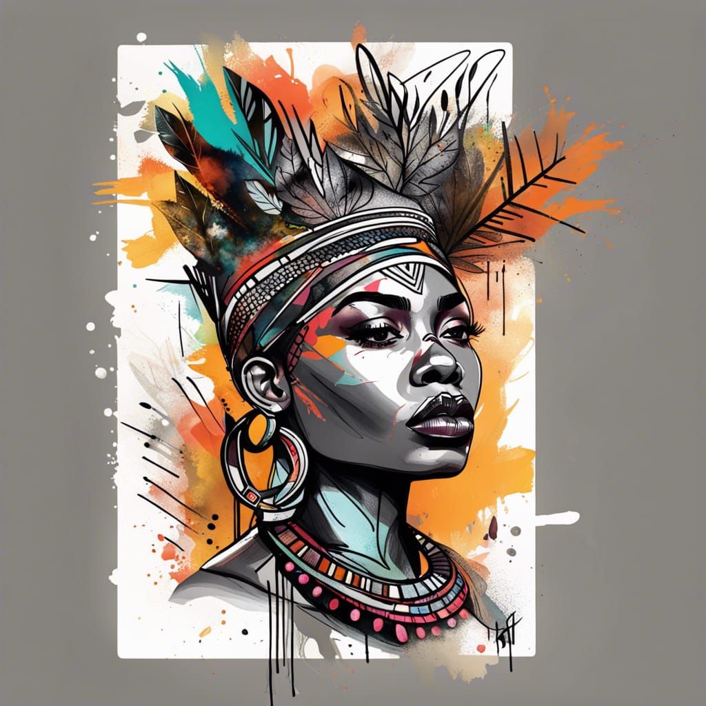 Black Woman Queen: Realistic Sketch with Tribal Paint