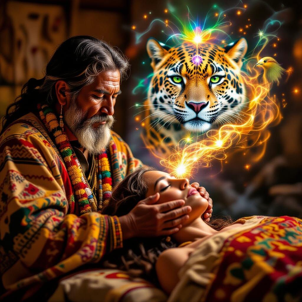 Peruvian Shaman Performing Healing Ritual in Golden Hour Lig...
