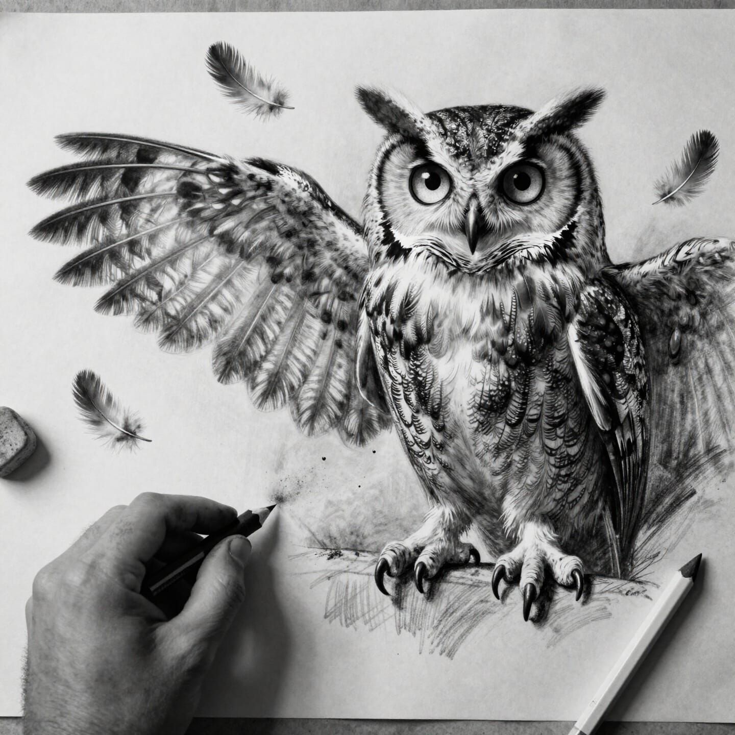 Photorealistic Charcoal Owl Emerges from Drawing Paper