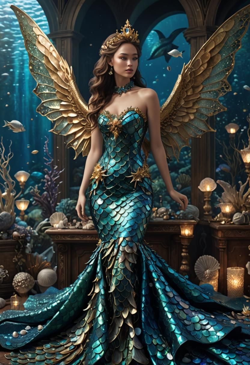 Ocean Mermaid Dress with Demon Wings