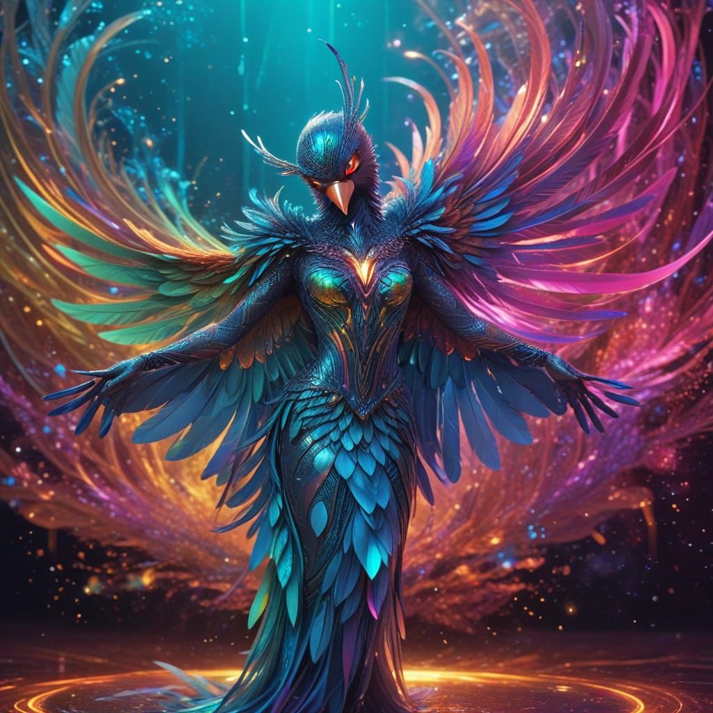 Surreal Bird Goddess in Comic Book Style with Iridescent Fea...