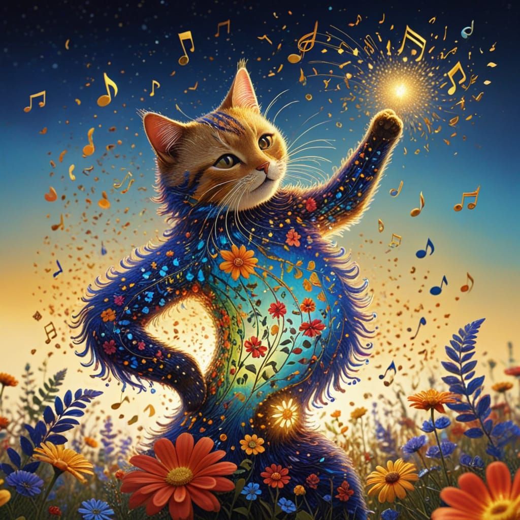Dancing Cat in Folk Art Style