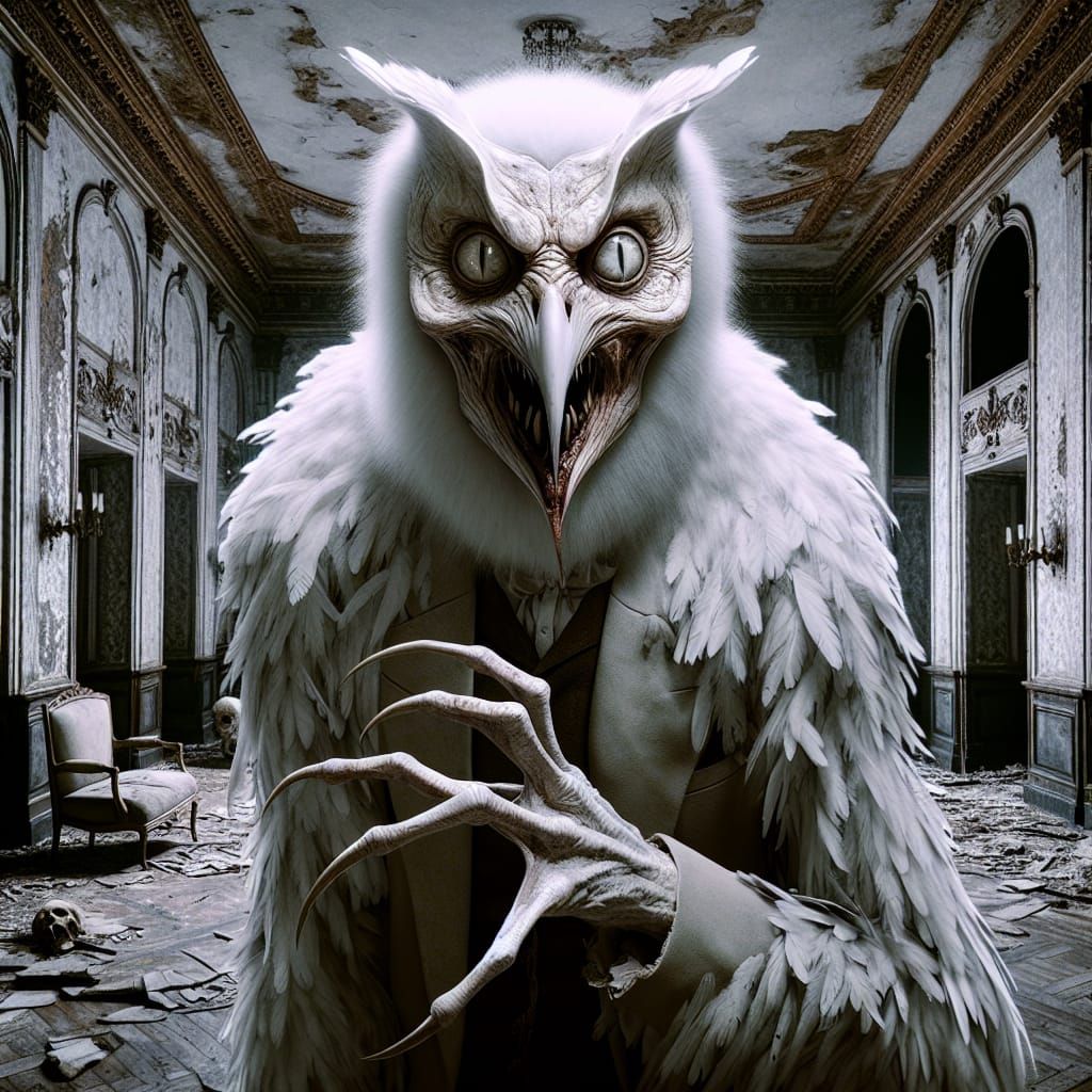 Nightmarish Owl-Human Hybrid Creature in Decayed Ballroom