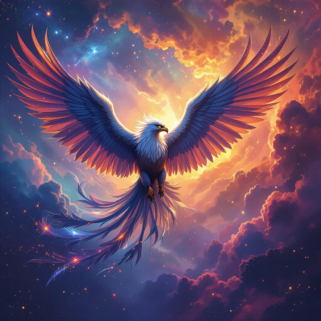 Cosmic Griffin Soaring Through Nebula as Matte Painting