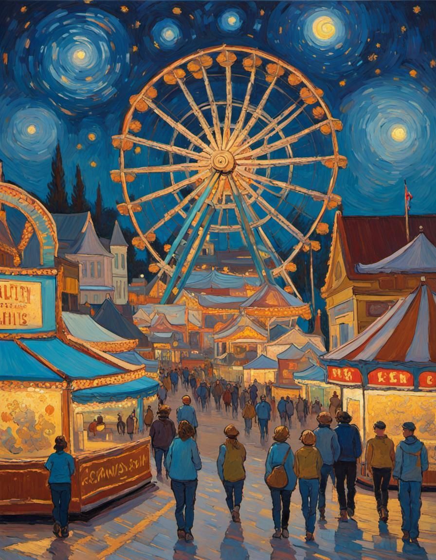 County Fair at Night in Impressionist Style