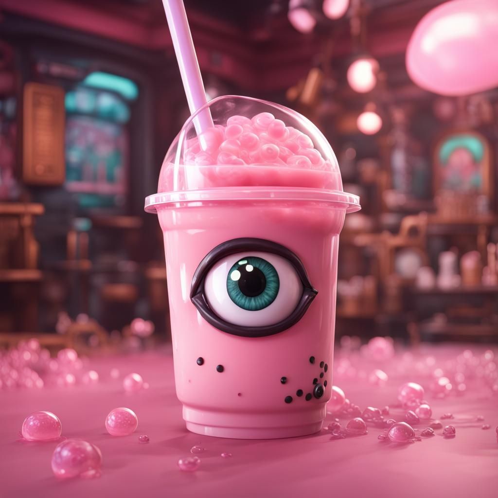Sentient Pink Bubble Tea Character Art