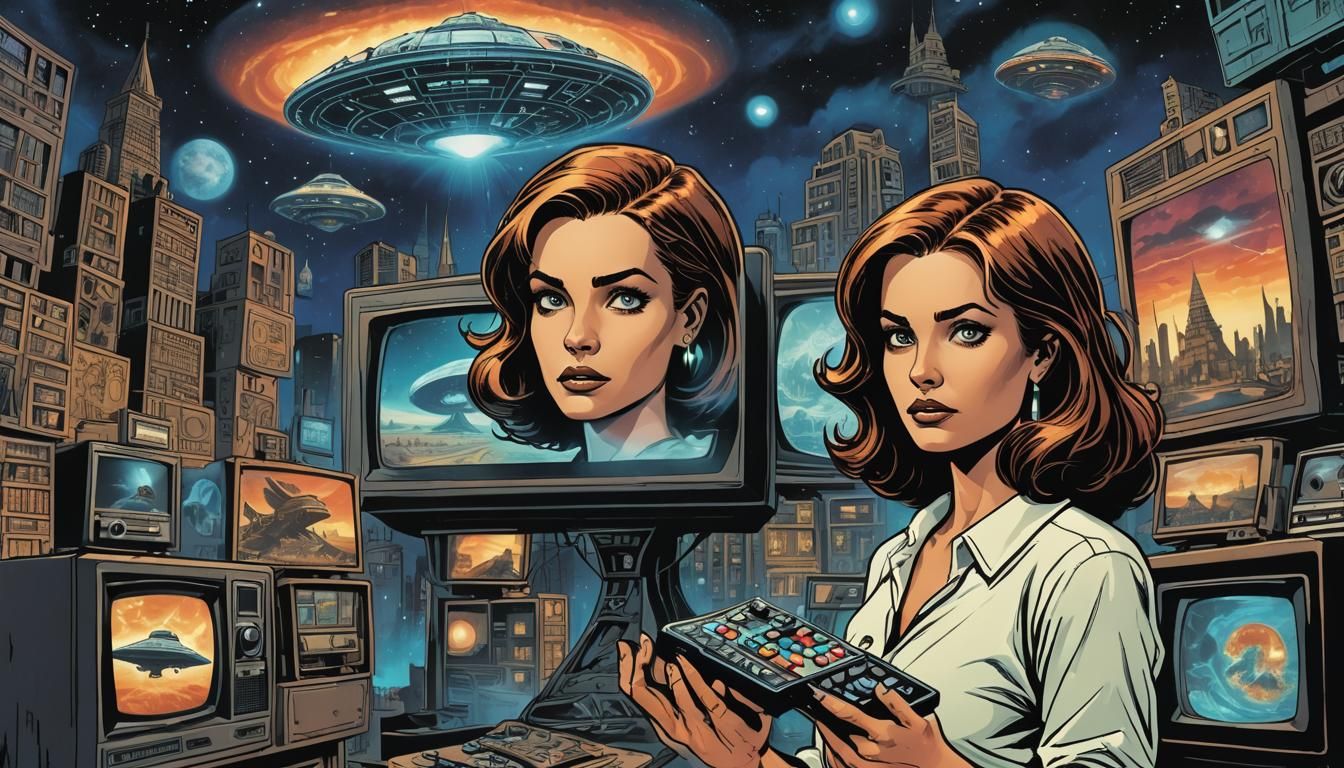 Retro Sci-Fi Comic Book Woman and UFO TV