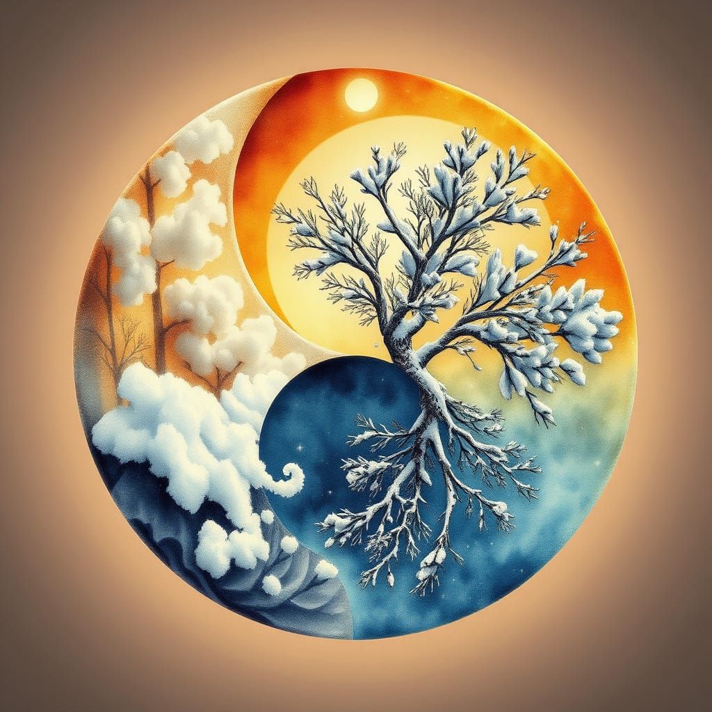 Yin-Yang Symbol: Summer and Winter in Watercolour