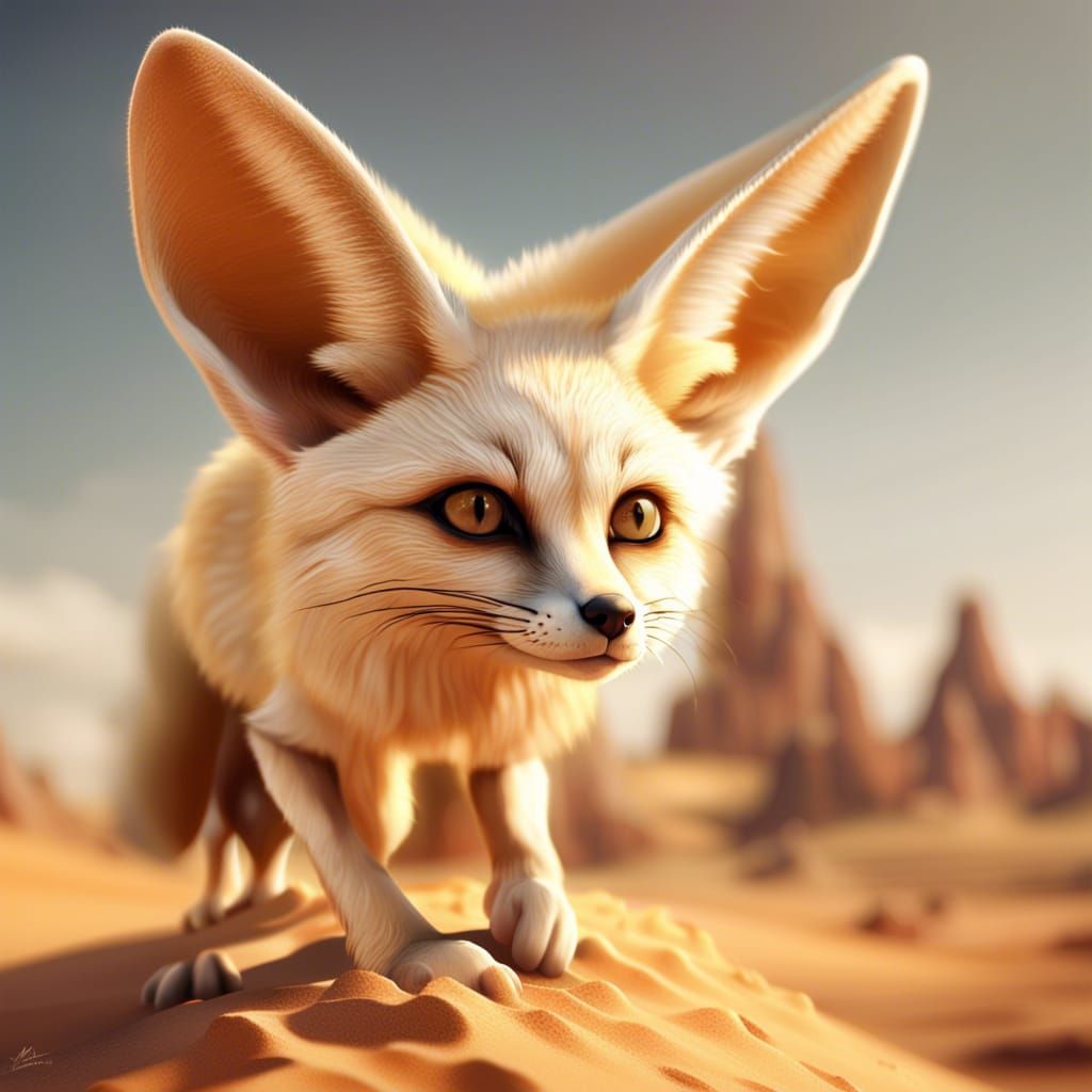 Fennec Fox Plays in Desert: Detailed Matte Painting