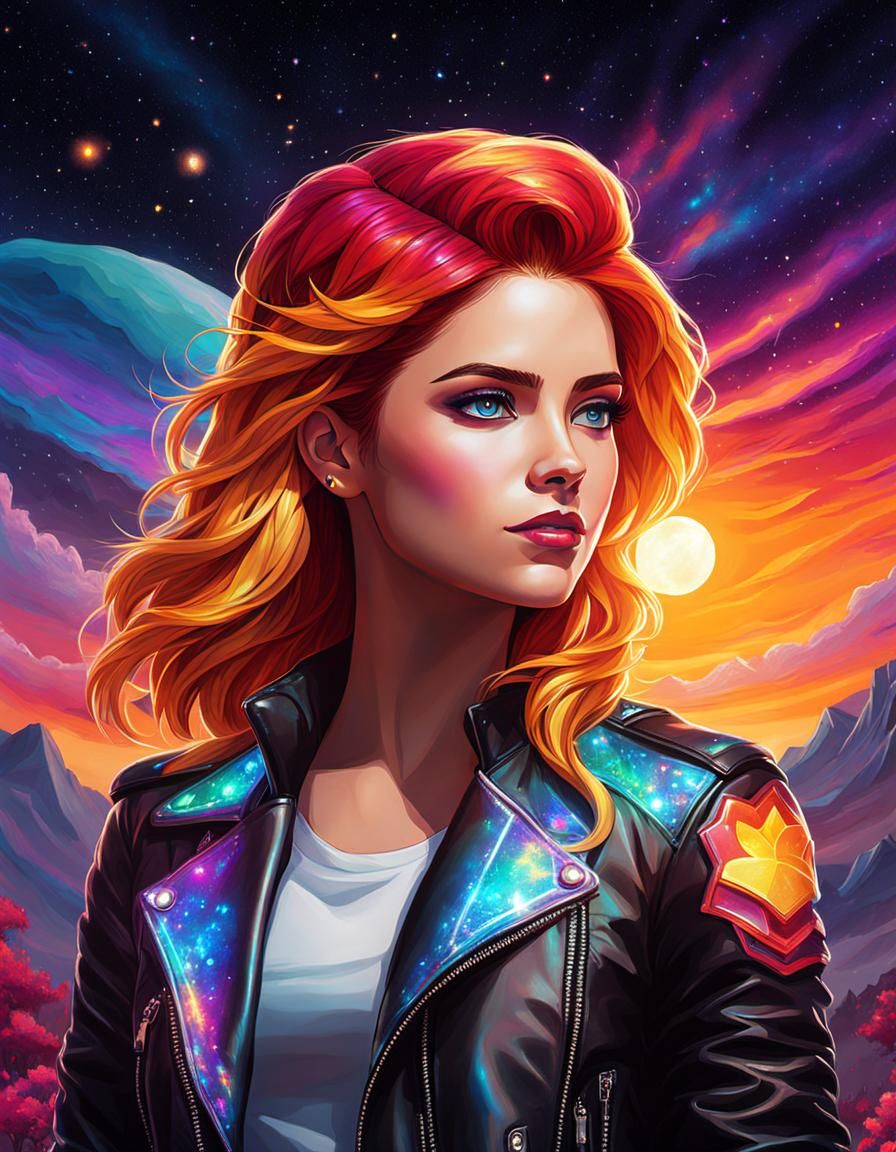 Sunset Shimmer in Leather Jacket, Cosmic Illustration