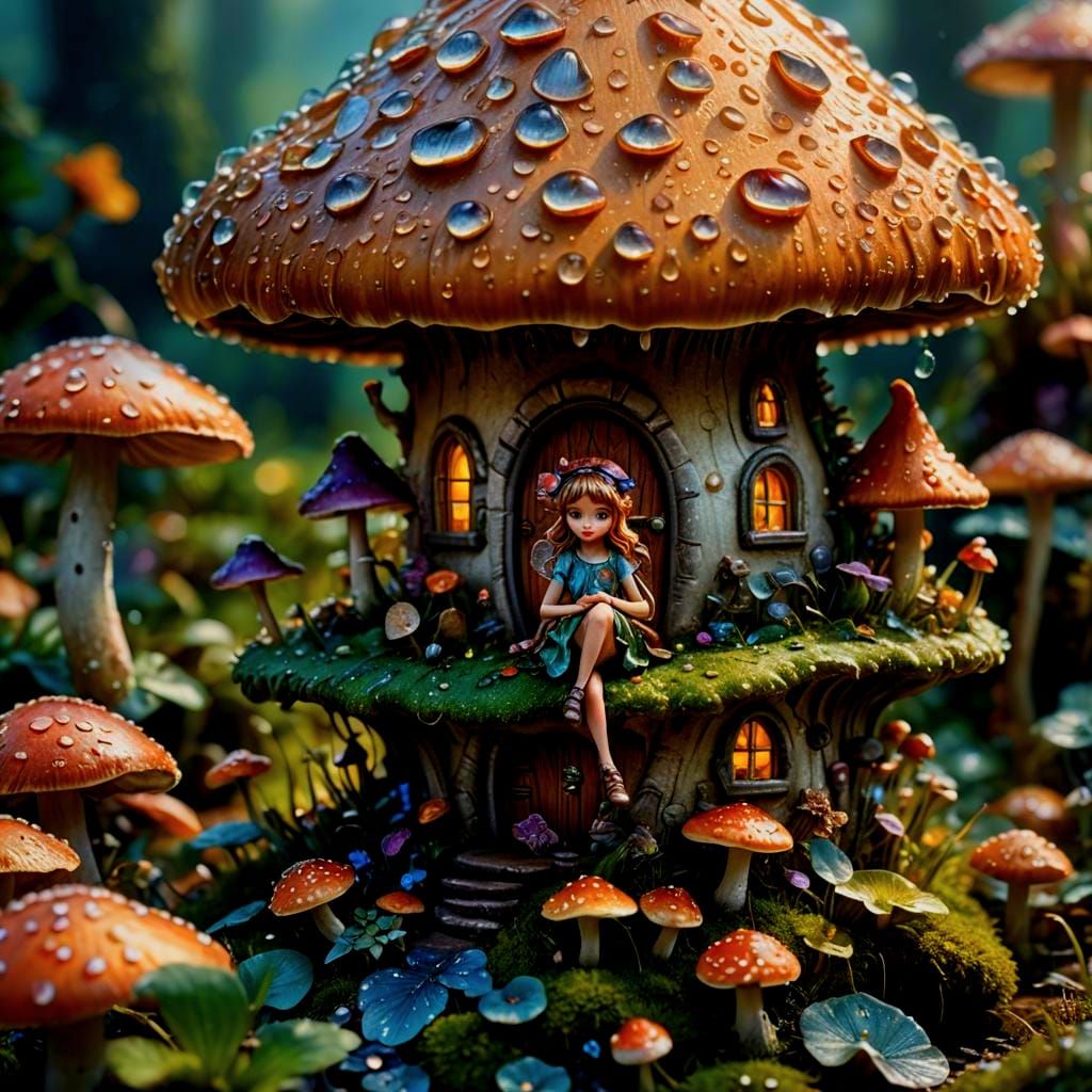 Fairy on Mushroom: Hyperrealistic Macro Photography