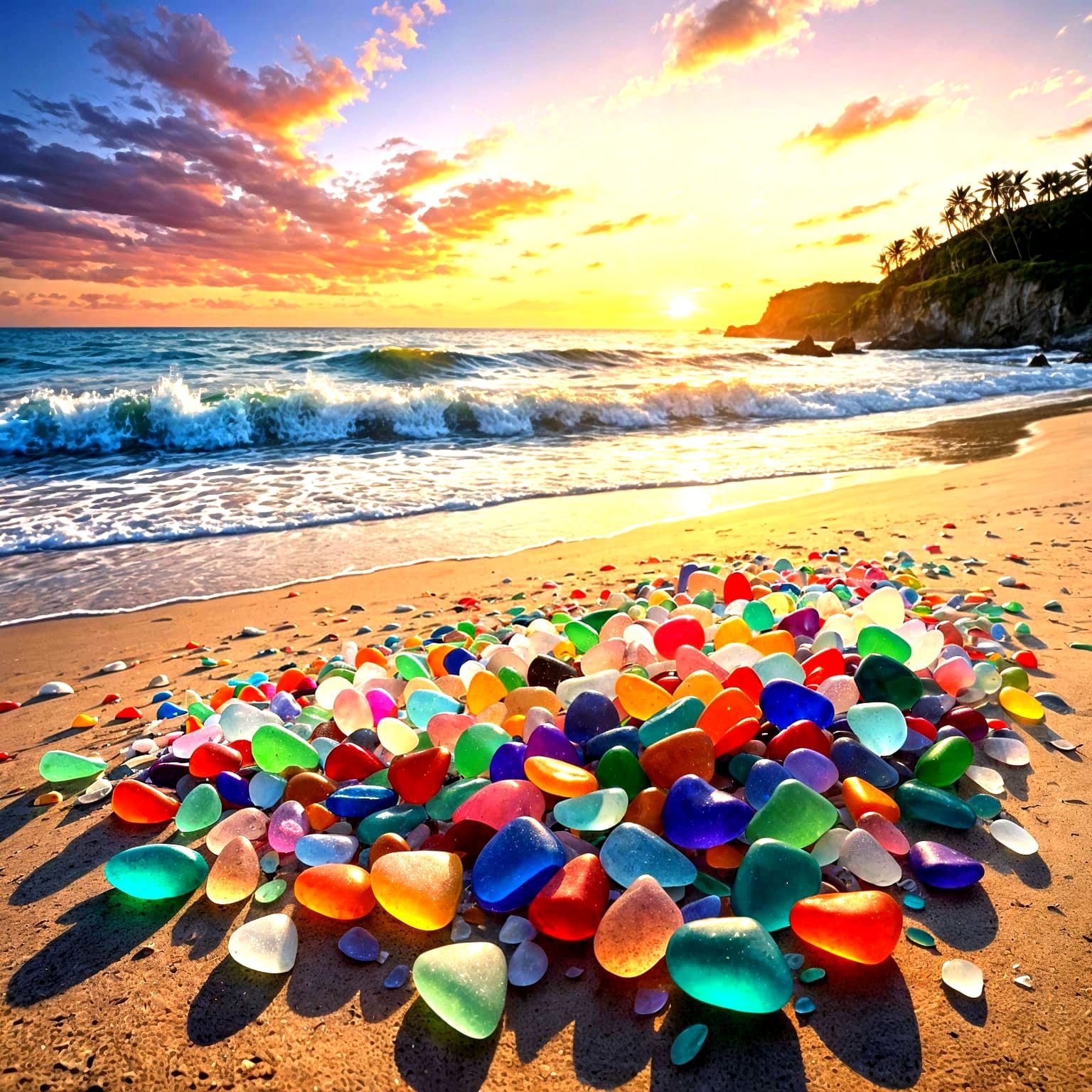 Rainbow Sea Glass Art on Beach at Sunset