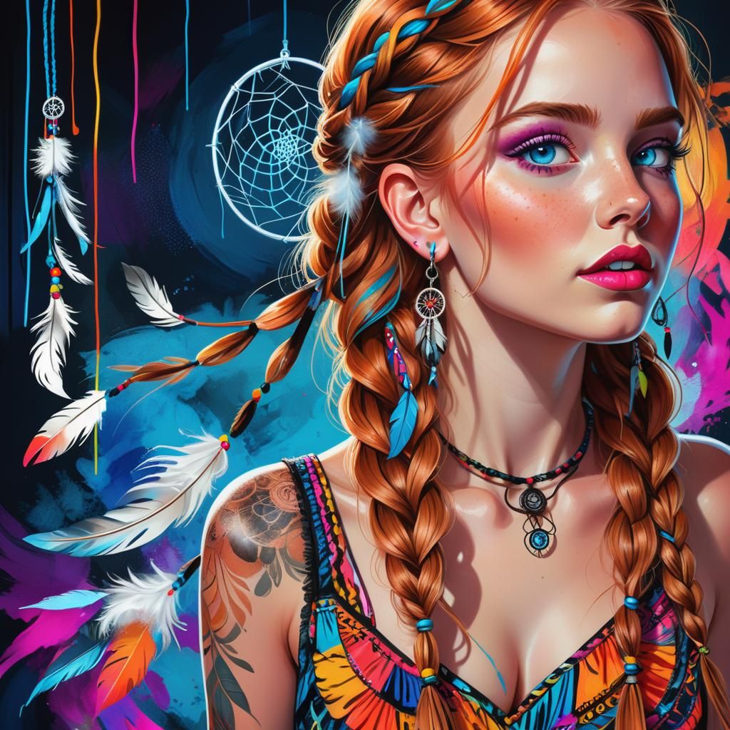 Beautiful Woman with Dreamcatcher Earrings in HDR Illustrati...