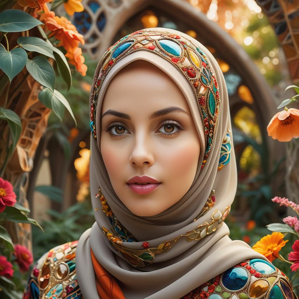Surrealist Portrait of a Confident Hijabi Woman in a Vibrant...