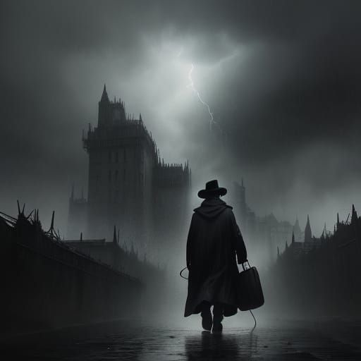 Resolute Figure Walks Through Turbulent Storm