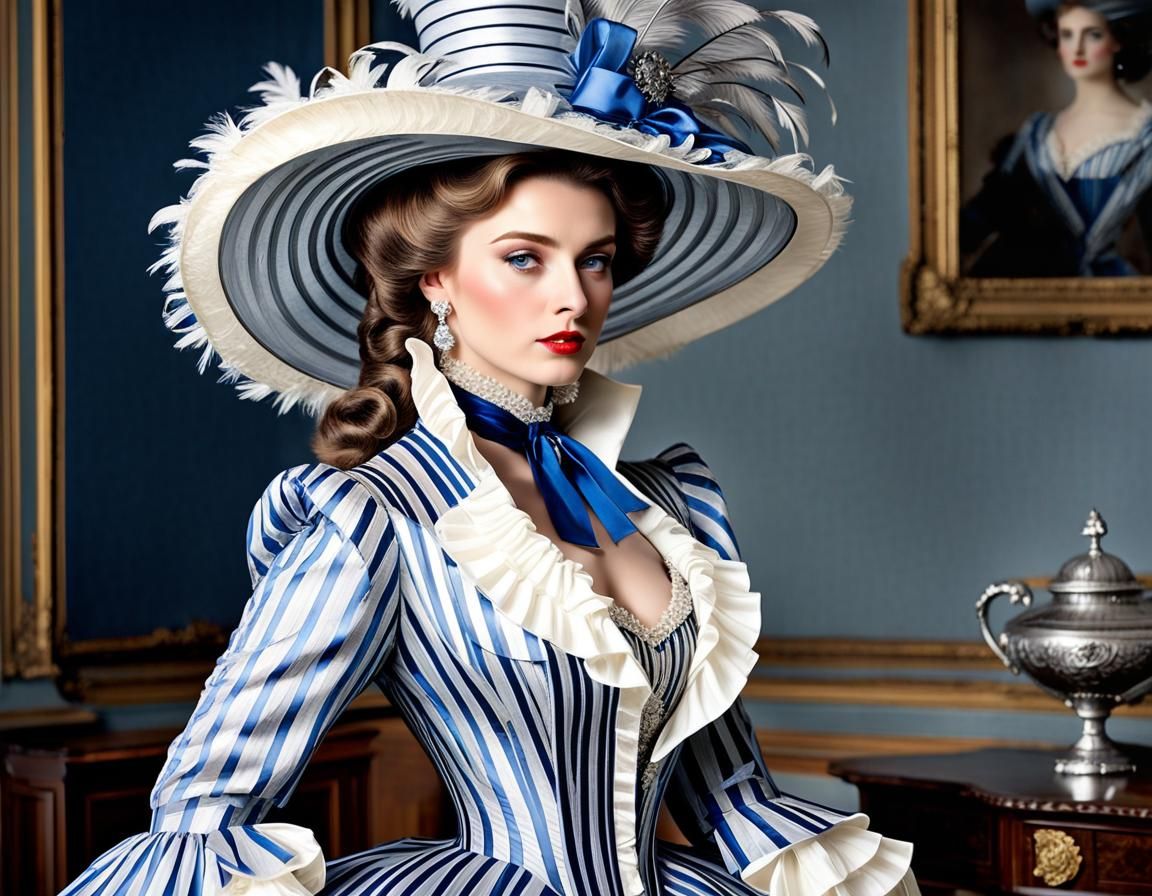 Elegant Bourgeoise in Silk Dress with Feathered Hat