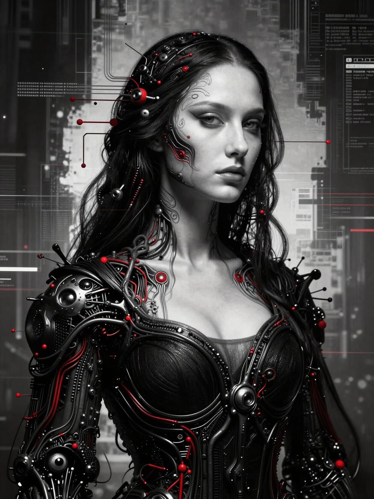 Digital Woman Portrait in Biomechanical Cyberpunk Style