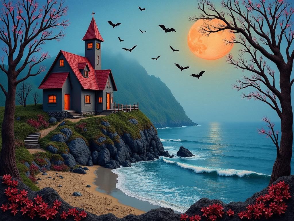 Eerie Coastal Village in Assemblage Art Style