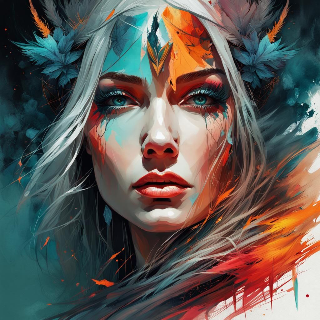 Bewitching goddess of fire By Russ mills by Carne Griffiths by iris Scott thick textured impasto acrylic paint, thick br...