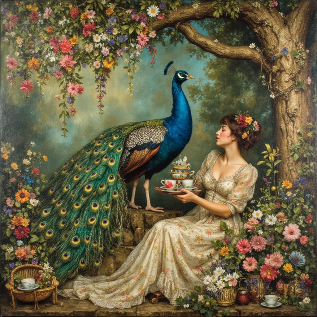 Art Nouveau Peacock in Tea Garden, Klimt & Mucha Style