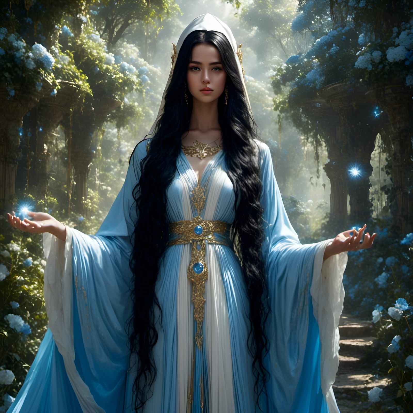 Charming Young Sorceress with Black Hair and Blue Eyes