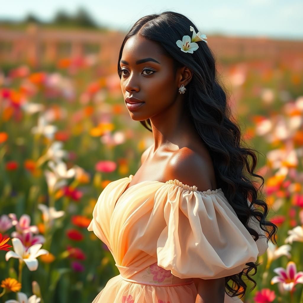 African American Woman in Lily Meadow, Hyperrealistic Art