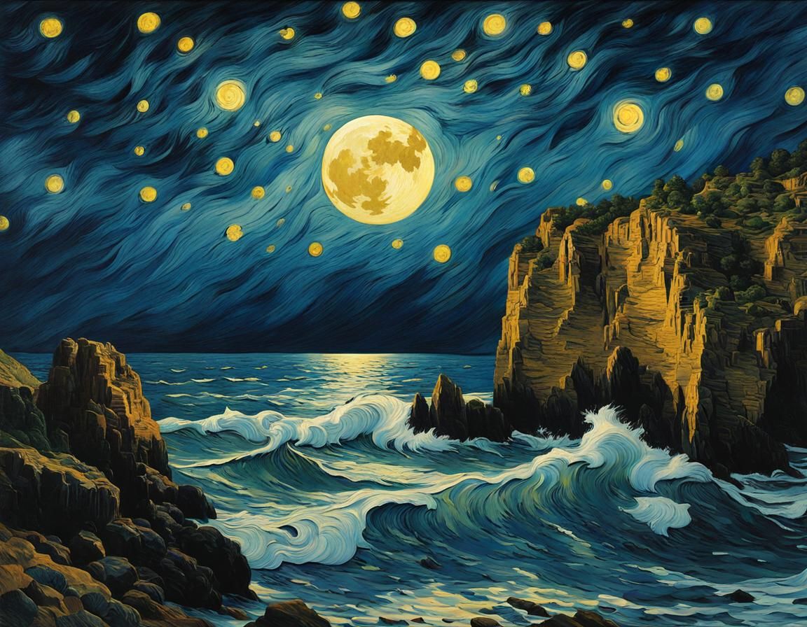 Starry Night Gothic Seascape in Van Gogh Style