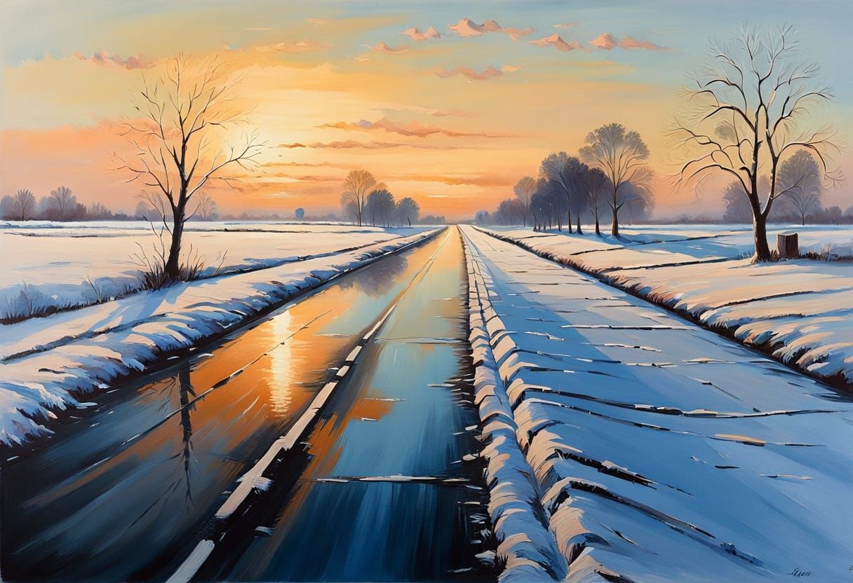 Impressionist Winter Landscape with Asphalt Road and Frozen ...