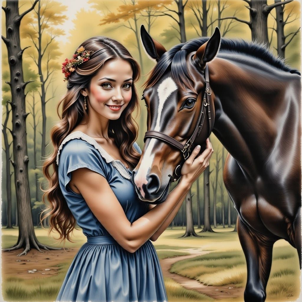 Woman and Horse in Sunny Forest, Acrylic Watercolour