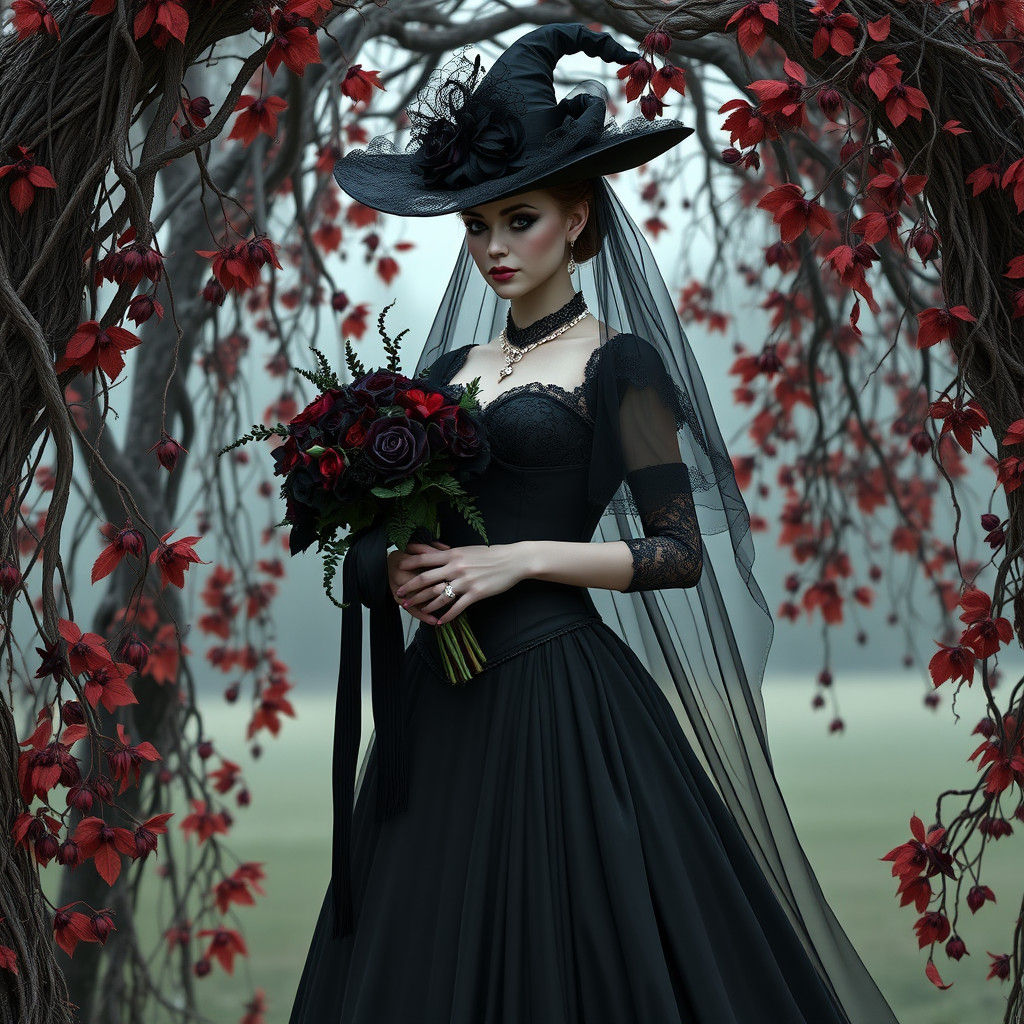 Mystical Woman in Black Hat Under Floral Archway