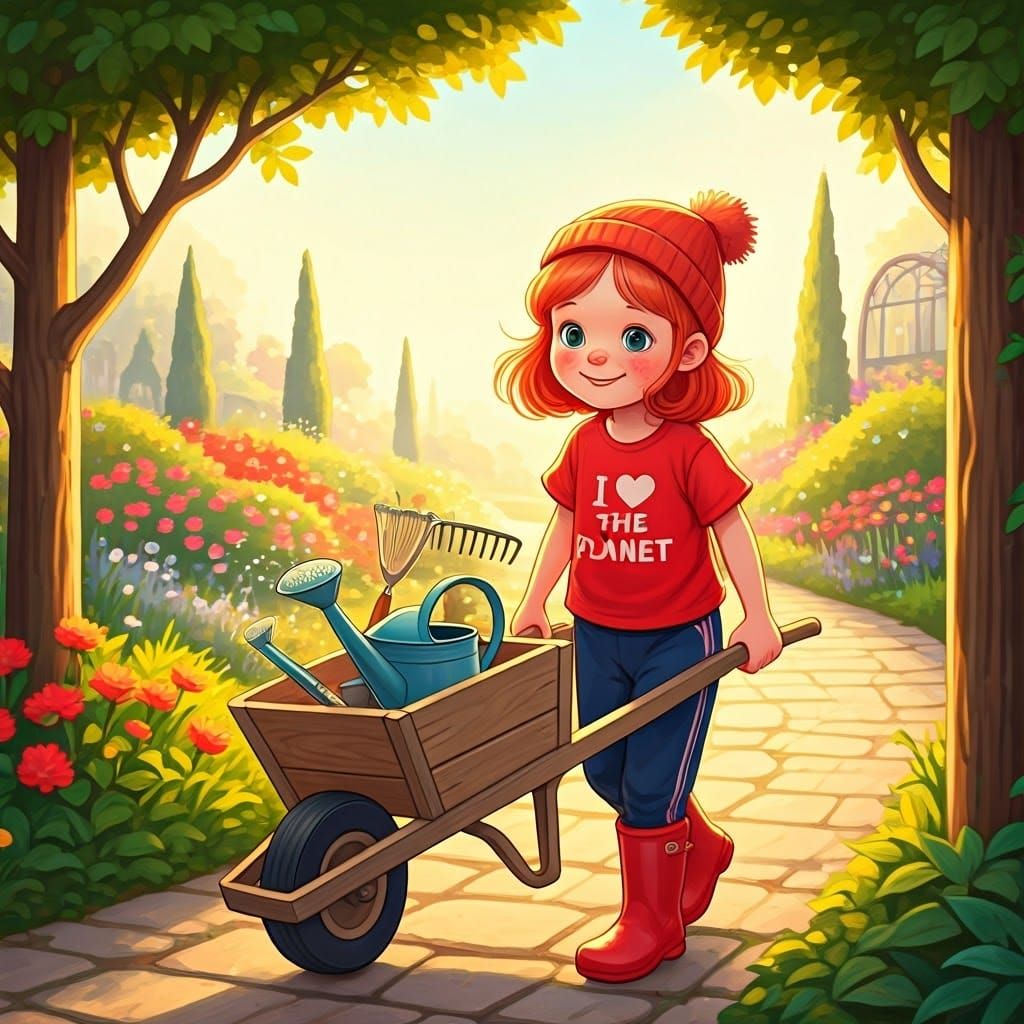 Whimsical Girl in a Vibrant Garden Scene
