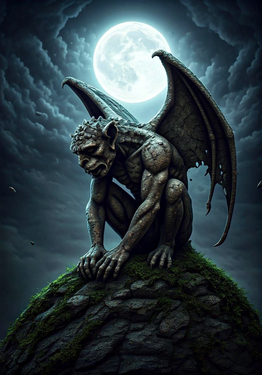Gothic Gargoyle Despair Under Moonlight, Hyperrealistic Art