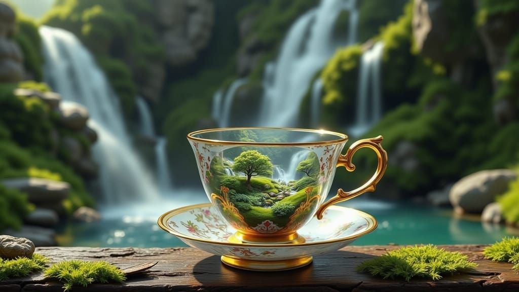 Ethereal Tea Cup Sanctuary in Whimsical Waterfall Realm
