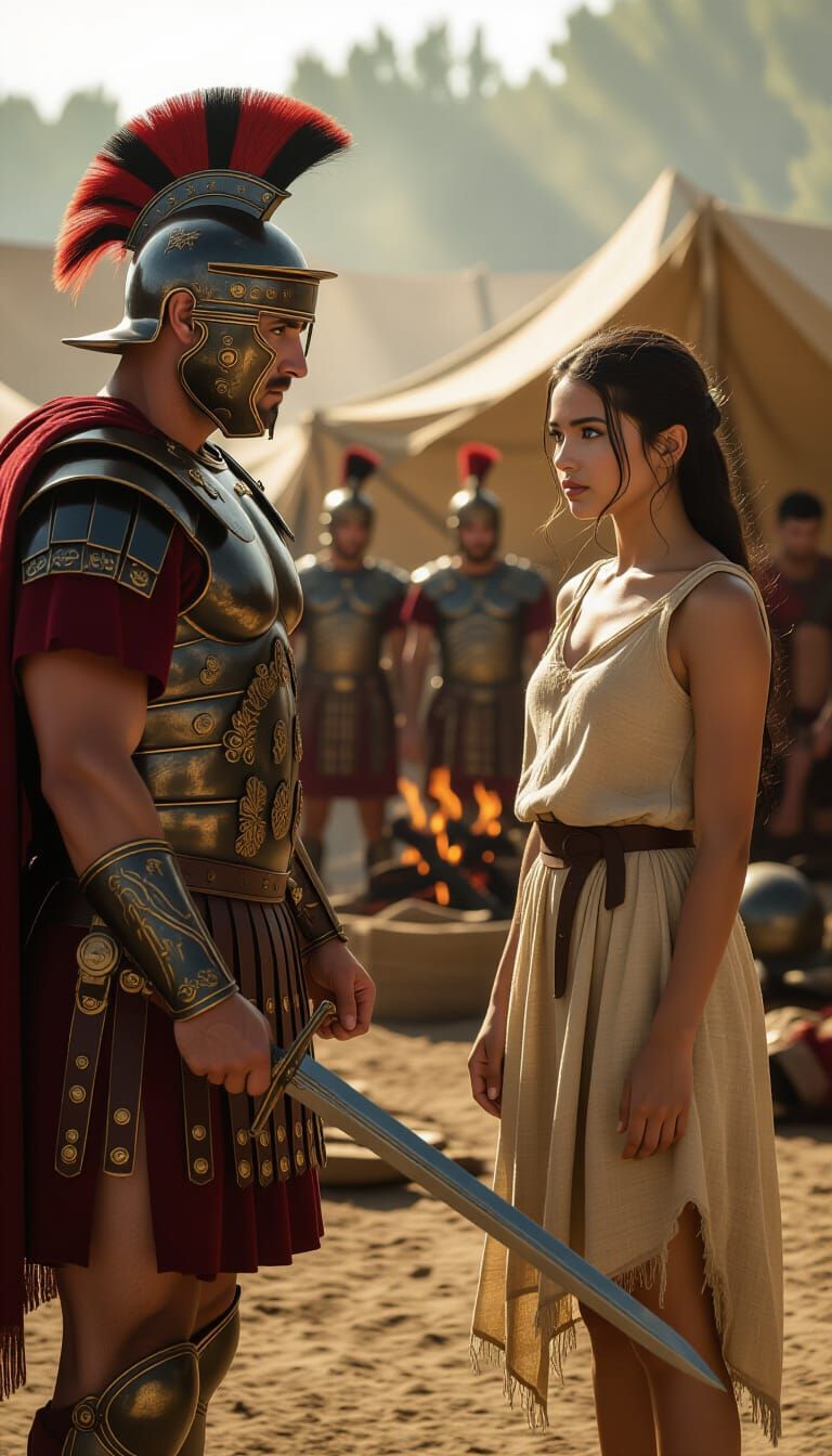 Roman Warrior Confronts Woman in War Camp