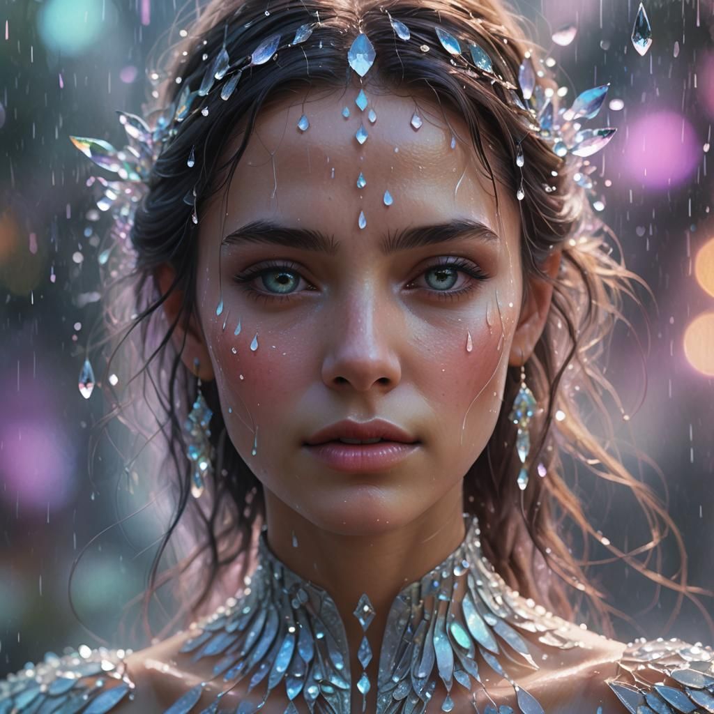Ethereal Woman with Crystal Raindrops: Art Nouveau Style