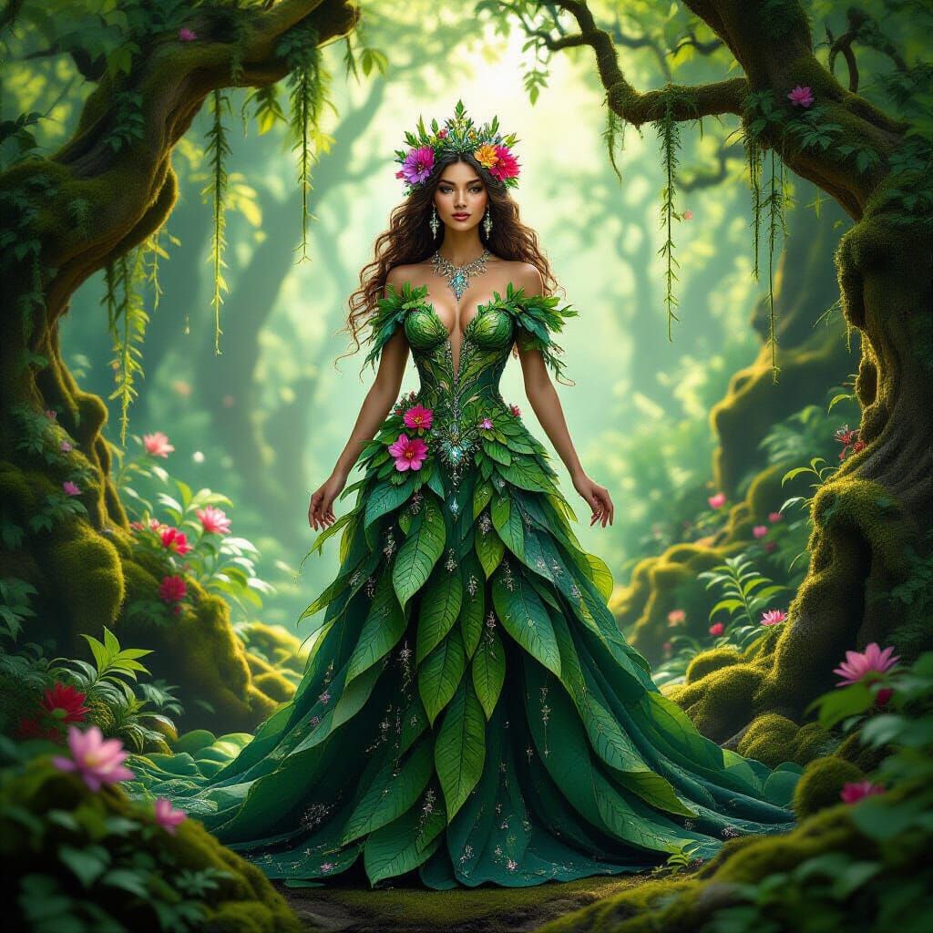 Majestic Nature Queen in Ancient Forest, Fantasy Art