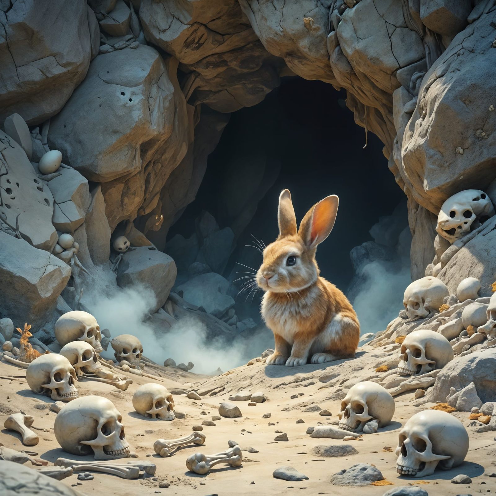 Cute Bunny Rabbit Near Cave Entrance, Fantasy Masterpiece