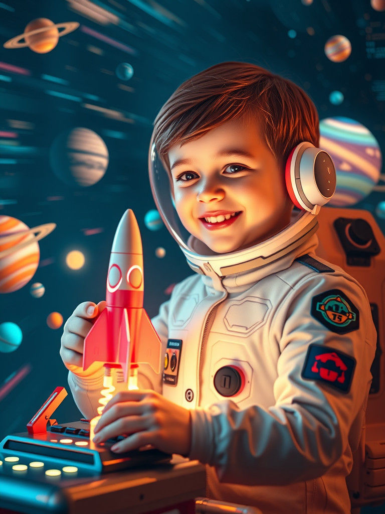 Boy Plays with Holographic Spaceship in Futuristic Style