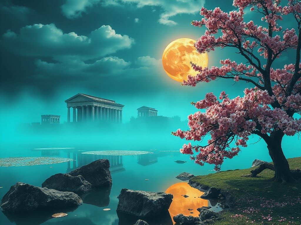 Surreal Turquoise Mist Landscape with Roman Temples