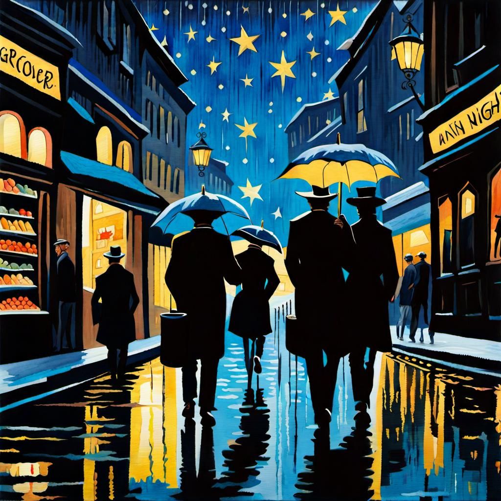 Grotesque Watercolor Reflections in Rainy Street Scene