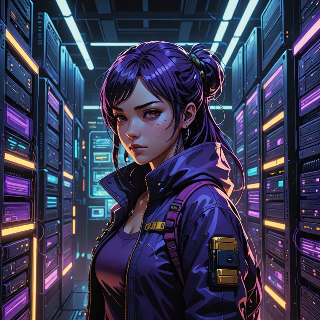 Cyberpunk Anime Hacker Sorceress in Glowing Neon Depths