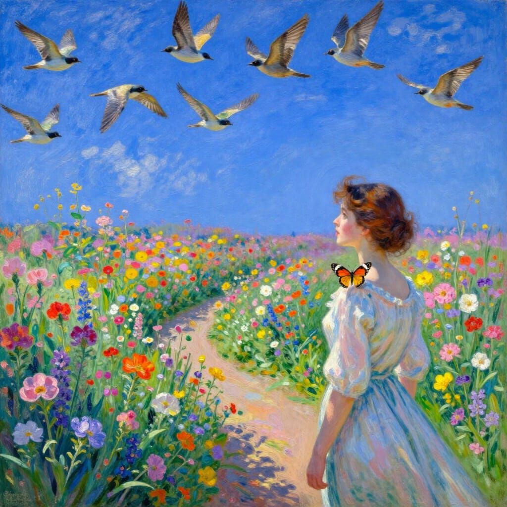 Vibrant Butterfly Lands on Woman's Shoulder in Impressionist...